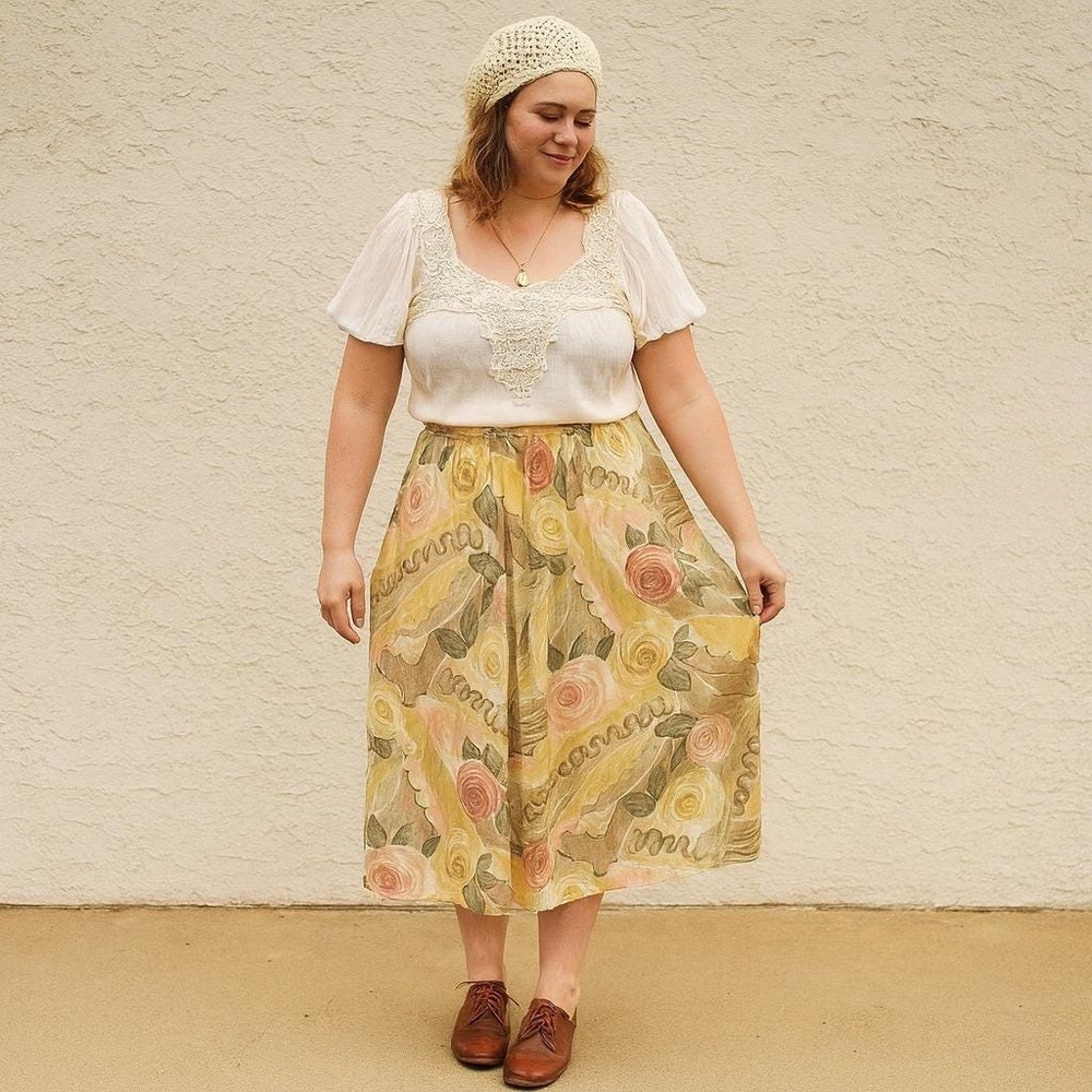 Vintage 80s 90s Norton McNaughton Floral Midi Skirt Women's 14 Rayon Made in USA